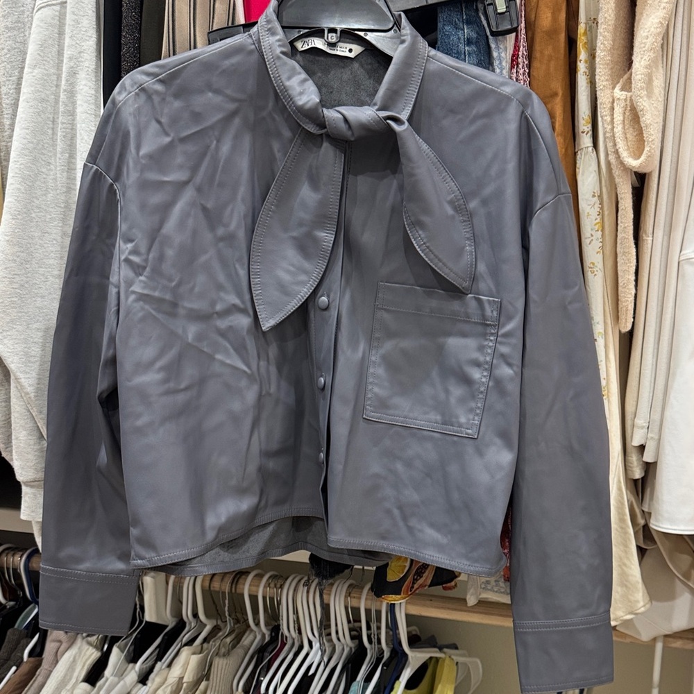 Zara Leather Button Top with Scarf Collar
